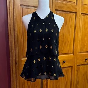 A.L.C. Black Halter Tiered Camisole with Gold Foil Accents